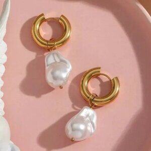 Vintage Pearl Baroque Charm PVD 18K Plated Gold Hoop Earrings Stainless …